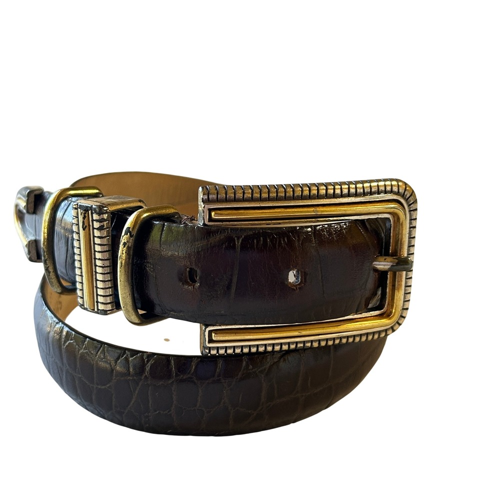 Streets Ahead Leather Belt M Brown Crocodile Embossed Mixed Metal Buckle